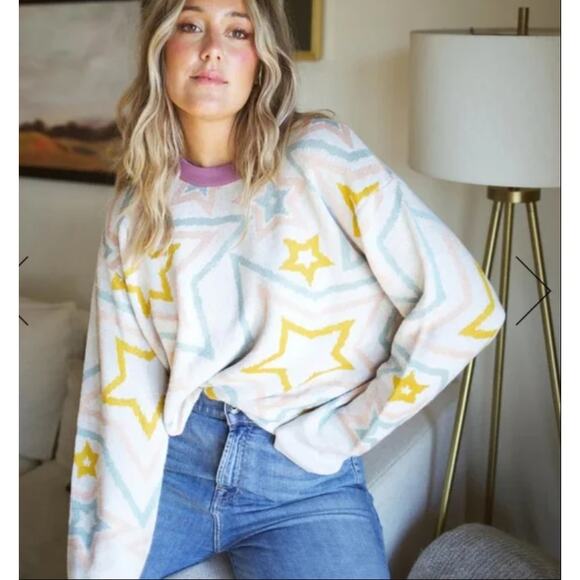 SPLENDID Ziggy Star white pink blue purple knit long sleeve pullover sweater - Picture 3 of 9